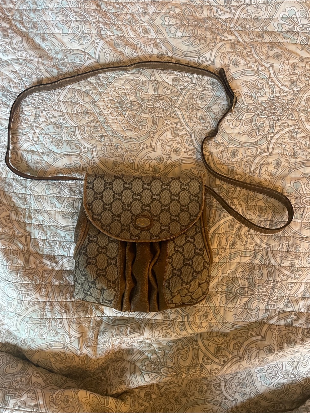 Gucci Tan Monogram Crossbody with Ruffle Front